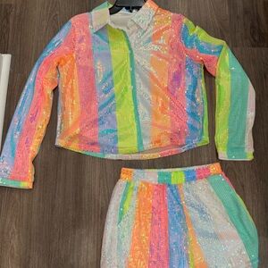 Rainbow Sequin Two-Piece Set - Neon Striped Jacket & Skirt